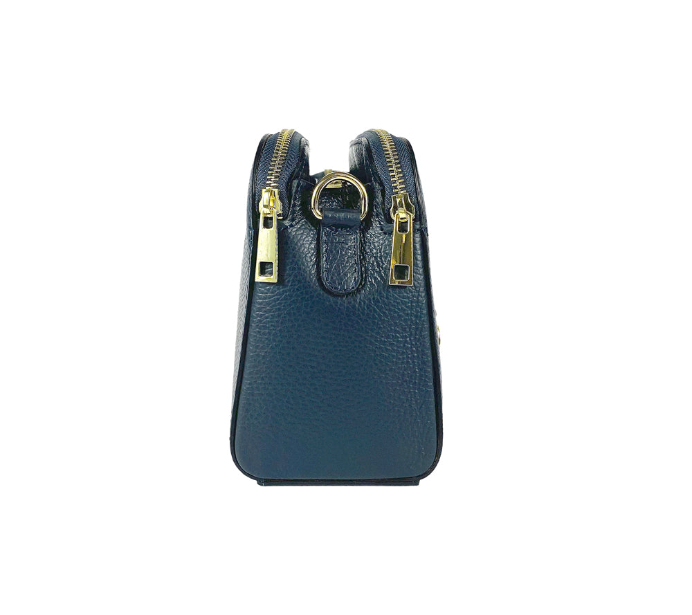 RB1011D | Women's Shoulder Bag in Genuine Leather Made in Italy. Removable shoulder strap. Attachments with shiny gold metal snap hooks - Color Blue - Dimensions: cm 25 x 17 x 10-2