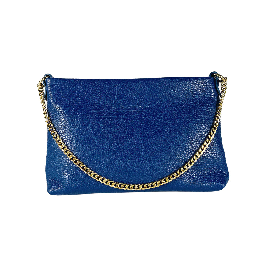 RB1012CH | Flat Shoulder Bag for Women in Genuine Leather Made in Italy with handle and removable metal shoulder strap. Attachments with shiny gold snap hooks - Royal blue color - Dimensions: 26 x 17 x 5 cm-1