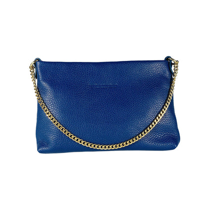 RB1012CH | Flat Shoulder Bag for Women in Genuine Leather Made in Italy with handle and removable metal shoulder strap. Attachments with shiny gold snap hooks - Royal blue color - Dimensions: 26 x 17 x 5 cm-1