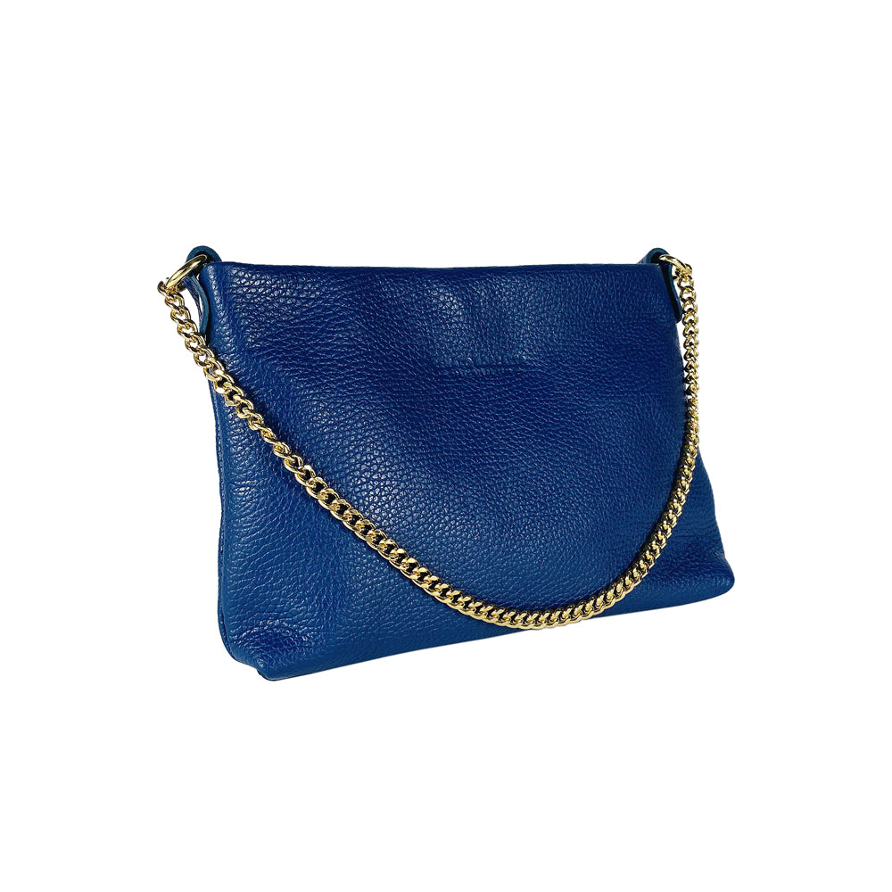 RB1012CH | Flat Shoulder Bag for Women in Genuine Leather Made in Italy with handle and removable metal shoulder strap. Attachments with shiny gold snap hooks - Royal blue color - Dimensions: 26 x 17 x 5 cm-2