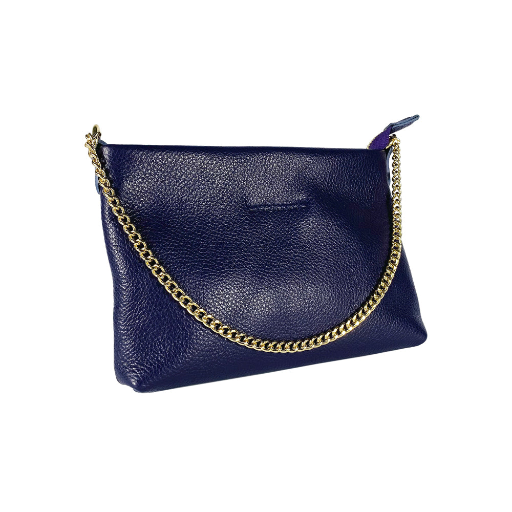RB1012Y | Flat Shoulder Bag for Women in Genuine Leather Made in Italy with handle and removable metal shoulder strap. Attachments with shiny gold snap hooks - Purple color - Dimensions: 26 x 17 x 5 cm-2