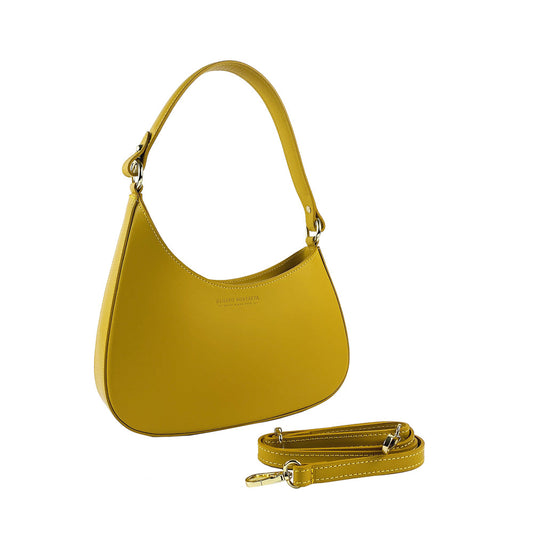 RB1013AR | Borsa Donna a spalla e Tracolla removibili in Vera Pelle Made in Italy. Attacchi con moschettoni in metallo Oro Lucido - Colore Senape - Dimensioni: cm 28 x 6 x 25 + 12 (manico)-0