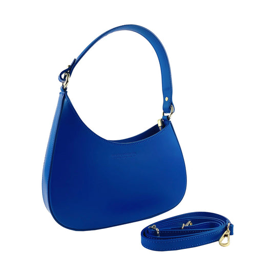 RB1013CH | Women's shoulder bag and removable shoulder strap in Genuine Leather Made in Italy. Attachments with shiny gold metal snap hooks - Royal blue color - Dimensions: 28 x 6 x 25 + 12 cm (handle)-0