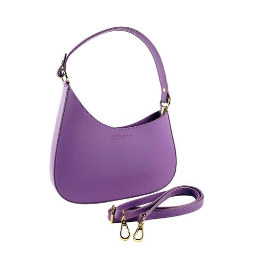 RB1013CI | Women's shoulder bag and removable shoulder strap in Genuine Leather Made in Italy. Attachments with shiny gold metal snap hooks - Lilac color - Dimensions: 28 x 6 x 25 + 12 cm (handle)-0