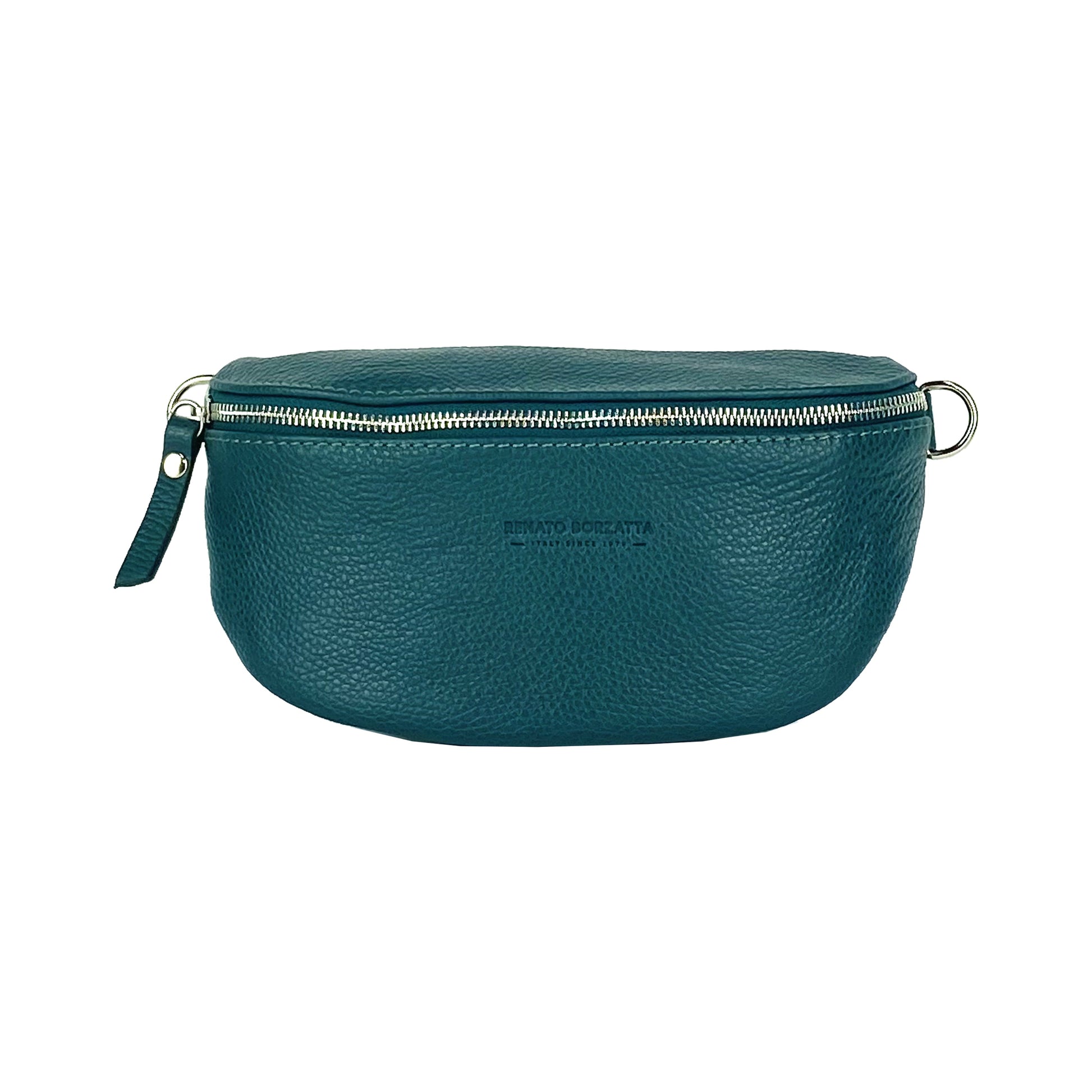 RB1015BZ | Marsupio con tracolla removibile in Vera Pelle Made in Italy. Attacchi con moschettoni in metallo Nickel Lucido - Colore Ottanio - Dimensioni: 24 x 14 x 7-1
