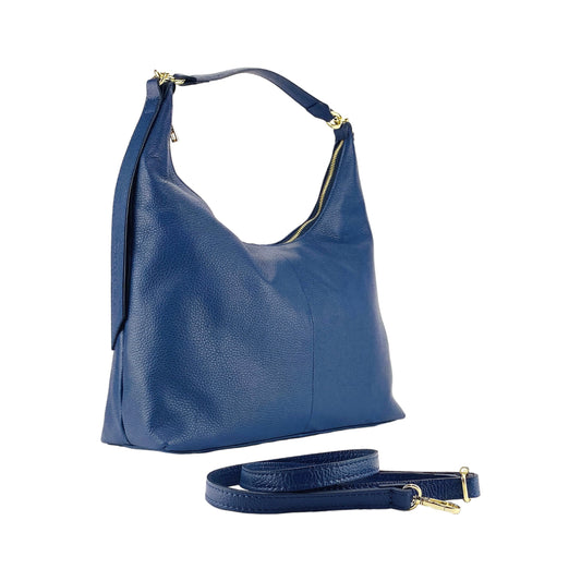 RB1017D | Women's Soft Shoulder Bag in Genuine Leather Made in Italy with single handle and removable shoulder strap. Attachments with shiny gold metal snap hooks - Blue color - Dimensions: cm 36 x 40 x 13-0