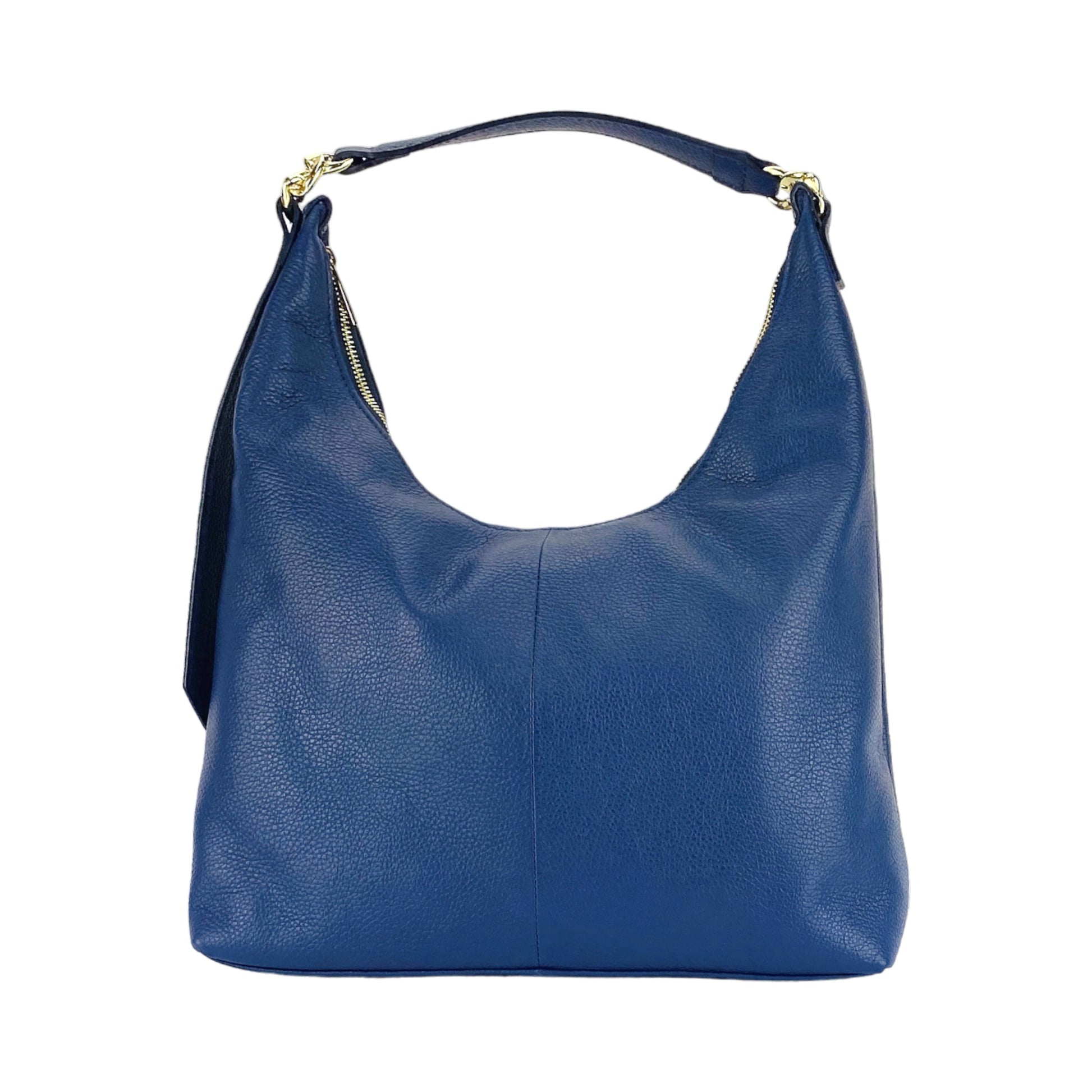 RB1017D | Women's Soft Shoulder Bag in Genuine Leather Made in Italy with single handle and removable shoulder strap. Attachments with shiny gold metal snap hooks - Blue color - Dimensions: cm 36 x 40 x 13-1