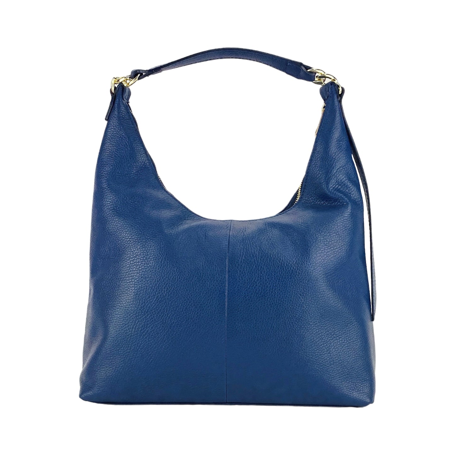 RB1017D | Women's Soft Shoulder Bag in Genuine Leather Made in Italy with single handle and removable shoulder strap. Attachments with shiny gold metal snap hooks - Blue color - Dimensions: cm 36 x 40 x 13-2