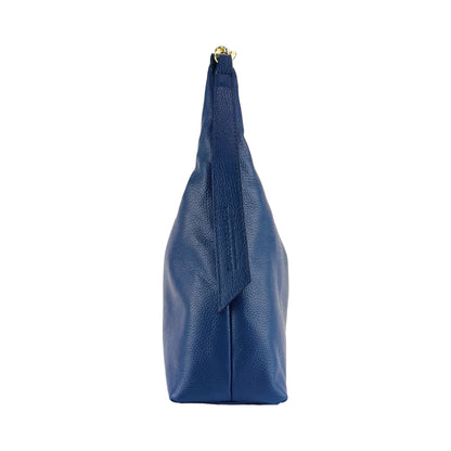 RB1017D | Women's Soft Shoulder Bag in Genuine Leather Made in Italy with single handle and removable shoulder strap. Attachments with shiny gold metal snap hooks - Blue color - Dimensions: cm 36 x 40 x 13-3