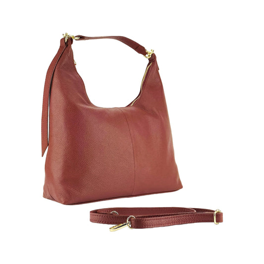RB1017Q | Women's Soft Shoulder Bag in Genuine Leather Made in Italy with Removable Shoulder Strap. Attachments with Shiny Gold Metal Snap Hooks - Ruby Color - Dimensions: cm 36 x 40 x 13-0