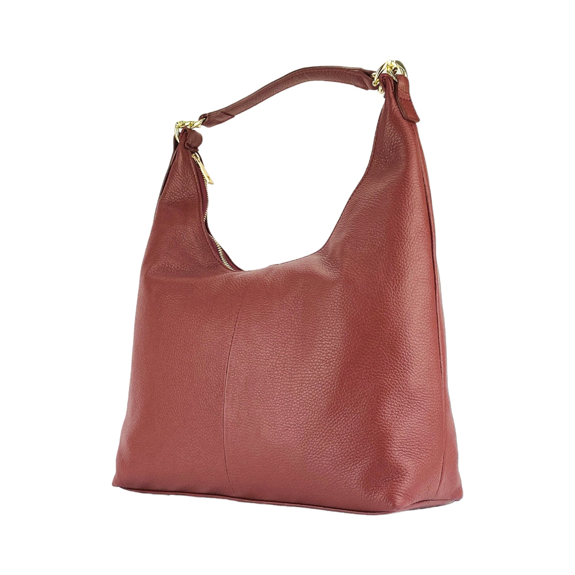 RB1017Q | Women's Soft Shoulder Bag in Genuine Leather Made in Italy with Removable Shoulder Strap. Attachments with Shiny Gold Metal Snap Hooks - Ruby Color - Dimensions: cm 36 x 40 x 13-4