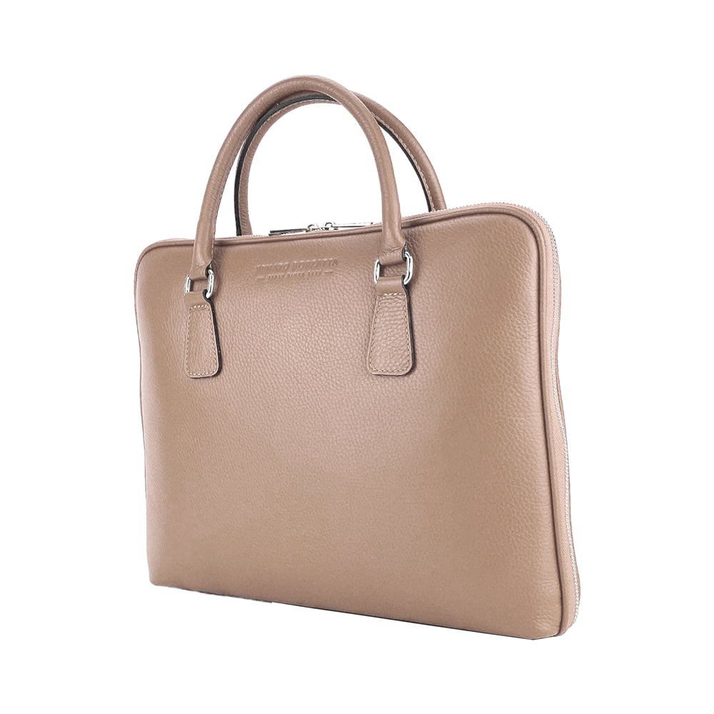RB1019AQ | Unisex Business Briefcase in Genuine Leather Made in Italy with removable shoulder strap. Attachments with shiny nickel metal snap hooks - Taupe color - Dimensions: cm 37 x 29 x 6.5-1
