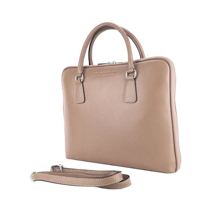 RB1019AQ | Unisex Business Briefcase in Genuine Leather Made in Italy with removable shoulder strap. Attachments with shiny nickel metal snap hooks - Taupe color - Dimensions: cm 37 x 29 x 6.5-4
