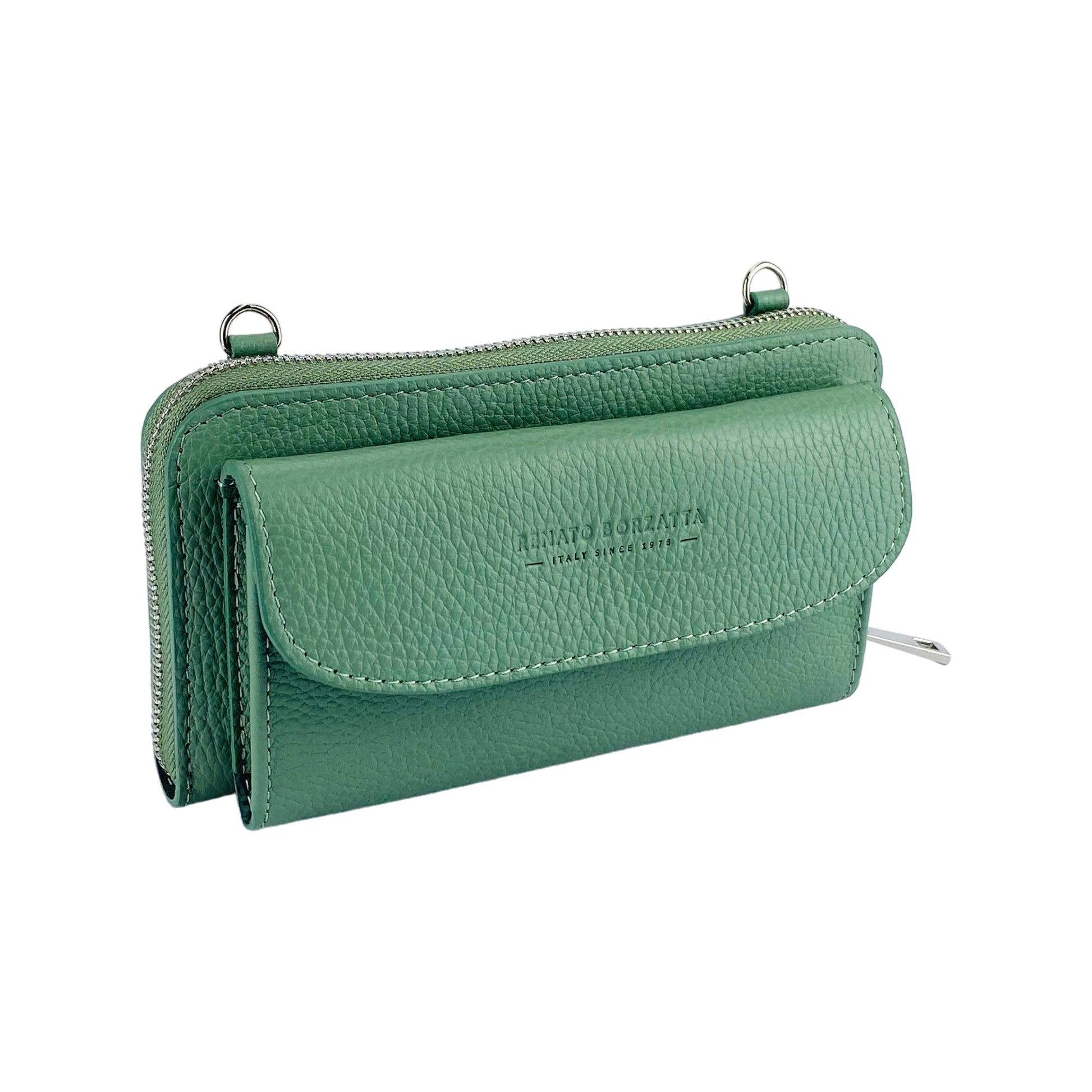 RB1020BF | P/Fogli Woman with Made in Italy Genuine Leather mobile phone holder with removable shoulder strap. Attachments with shiny nickel metal snap hooks. Mint color. Dimensions: 19.5 x 11 x 5 cm-1