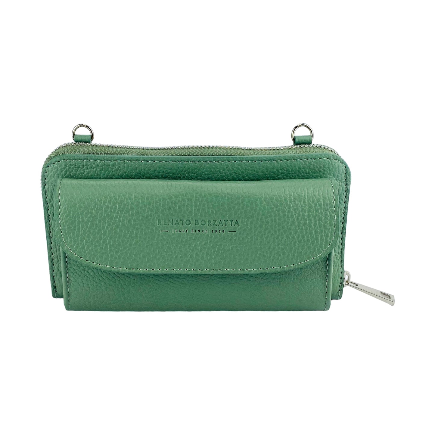 RB1020BF | P/Fogli Woman with Made in Italy Genuine Leather mobile phone holder with removable shoulder strap. Attachments with shiny nickel metal snap hooks. Mint color. Dimensions: 19.5 x 11 x 5 cm-2