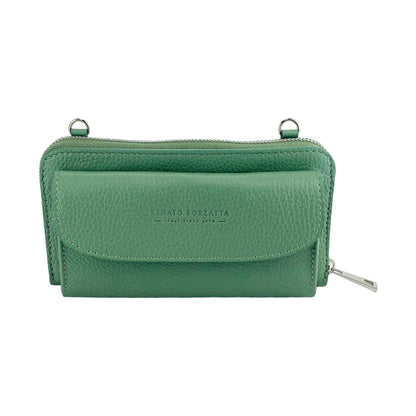 RB1020BF | P/Fogli Woman with Made in Italy Genuine Leather mobile phone holder with removable shoulder strap. Attachments with shiny nickel metal snap hooks. Mint color. Dimensions: 19.5 x 11 x 5 cm-2