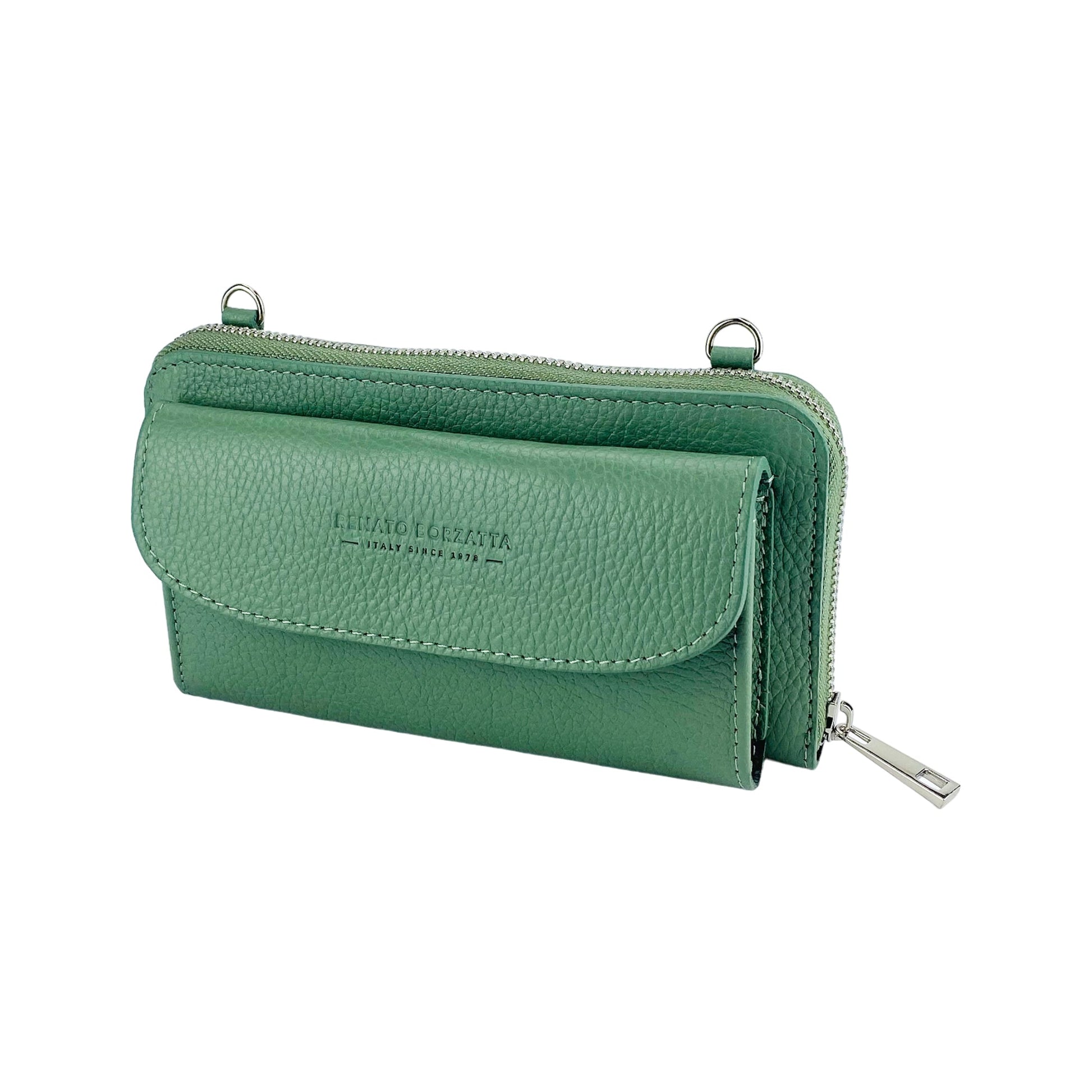 RB1020BF | P/Fogli Woman with Made in Italy Genuine Leather mobile phone holder with removable shoulder strap. Attachments with shiny nickel metal snap hooks. Mint color. Dimensions: 19.5 x 11 x 5 cm-3