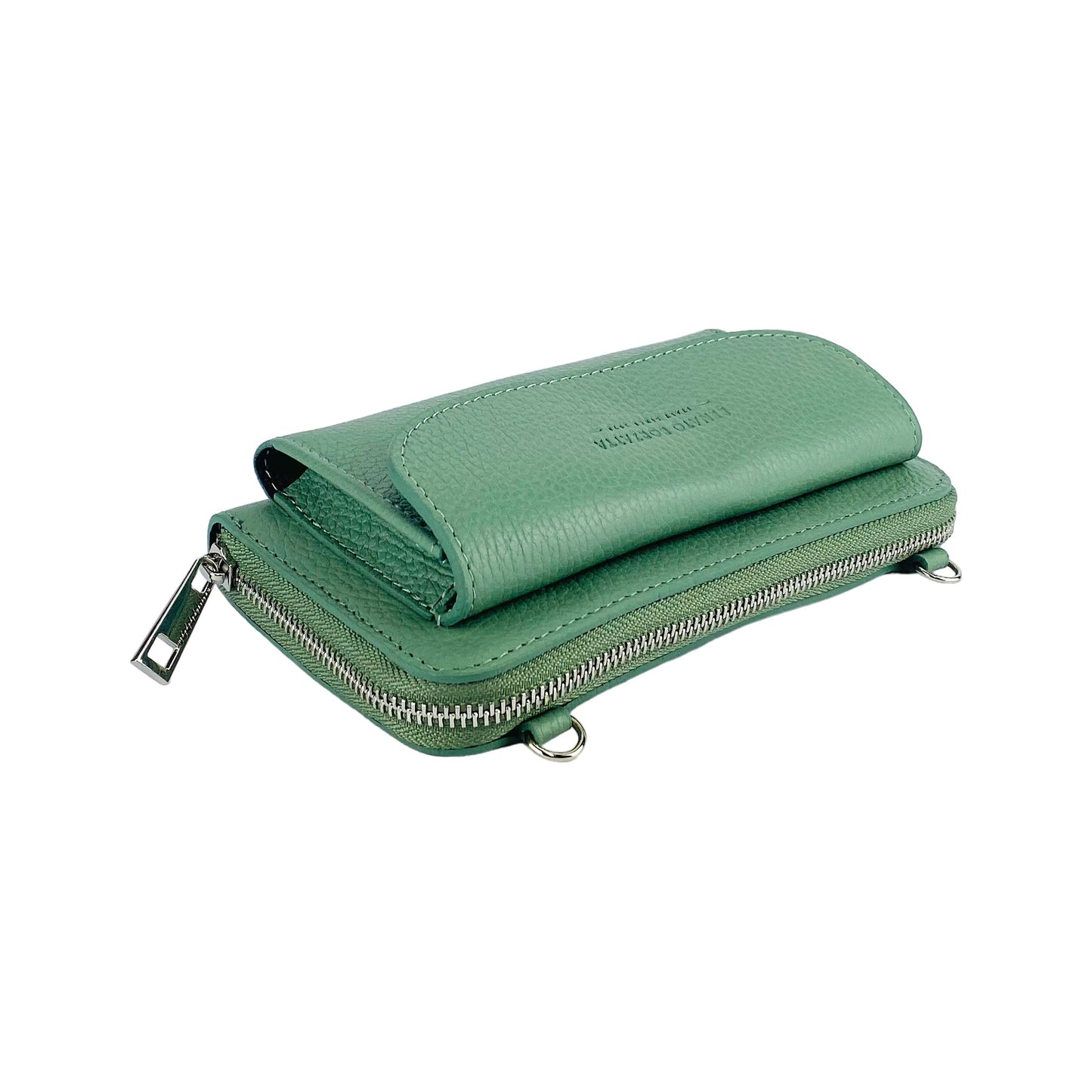 RB1020BF | P/Fogli Woman with Made in Italy Genuine Leather mobile phone holder with removable shoulder strap. Attachments with shiny nickel metal snap hooks. Mint color. Dimensions: 19.5 x 11 x 5 cm-4