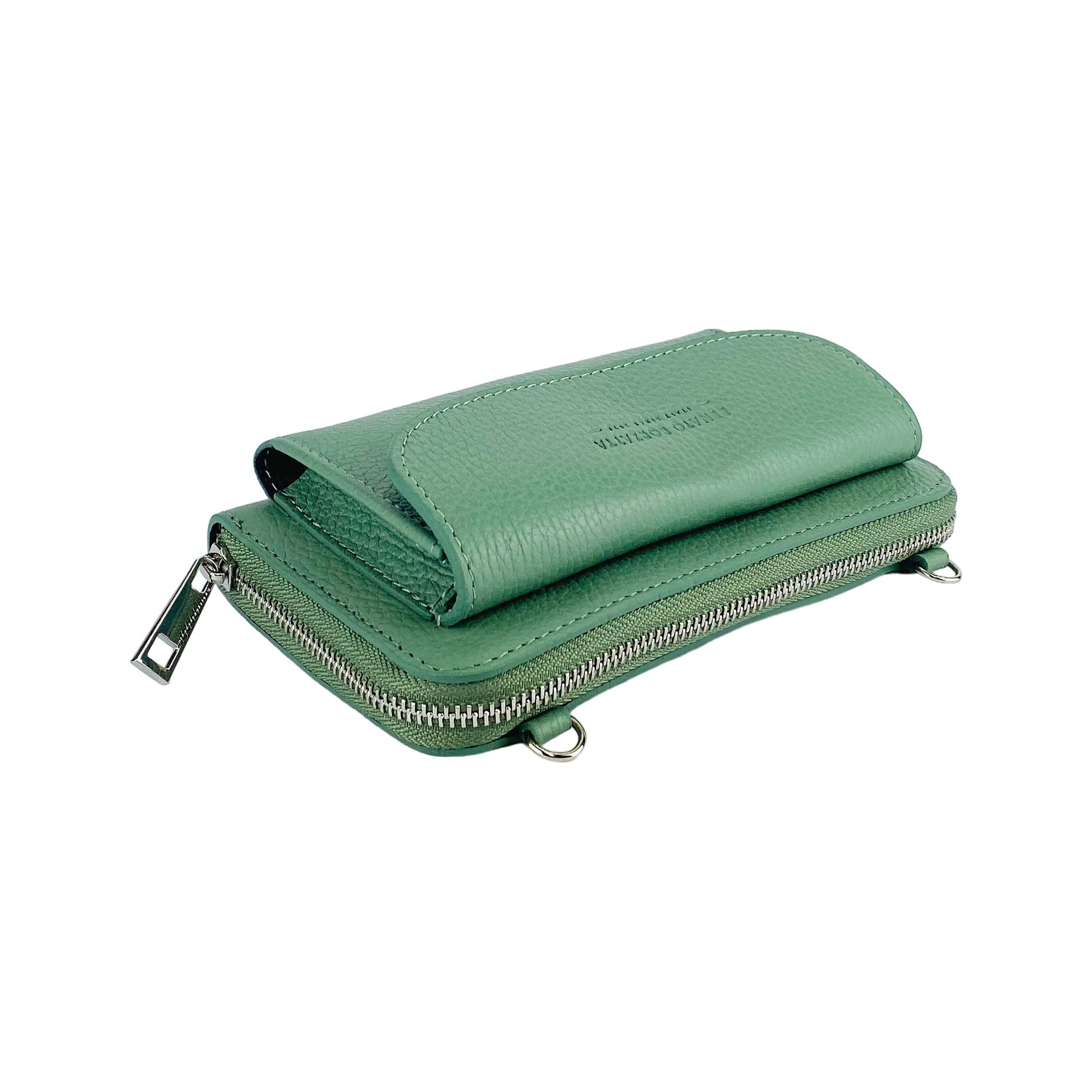 RB1020BF | P/Fogli Woman with Made in Italy Genuine Leather mobile phone holder with removable shoulder strap. Attachments with shiny nickel metal snap hooks. Mint color. Dimensions: 19.5 x 11 x 5 cm-4