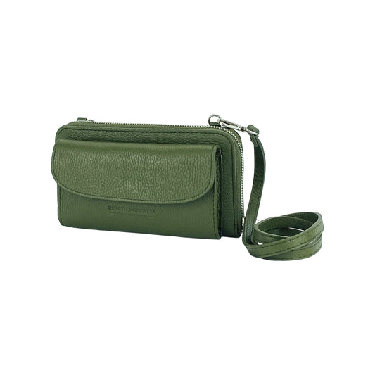 RB1020E | Women's Wallet with Cell Phone Holder in Genuine Leather Made in Italy with Removable Shoulder Strap. Attachments with Snap Hooks in Polished Nickel Metal. Green Color. Dimensions: cm 19.5 x 11 x 5-0