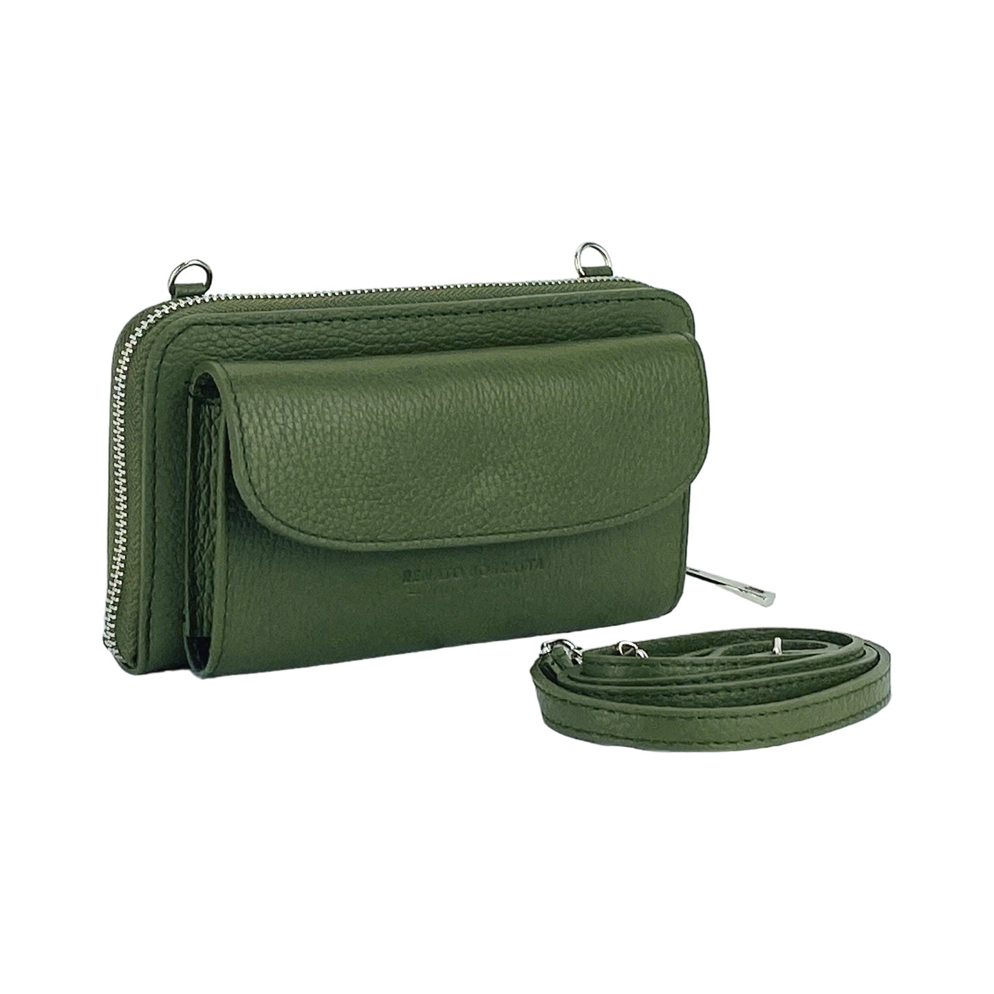 RB1020E | Women's Wallet with Cell Phone Holder in Genuine Leather Made in Italy with Removable Shoulder Strap. Attachments with Snap Hooks in Polished Nickel Metal. Green Color. Dimensions: cm 19.5 x 11 x 5-1