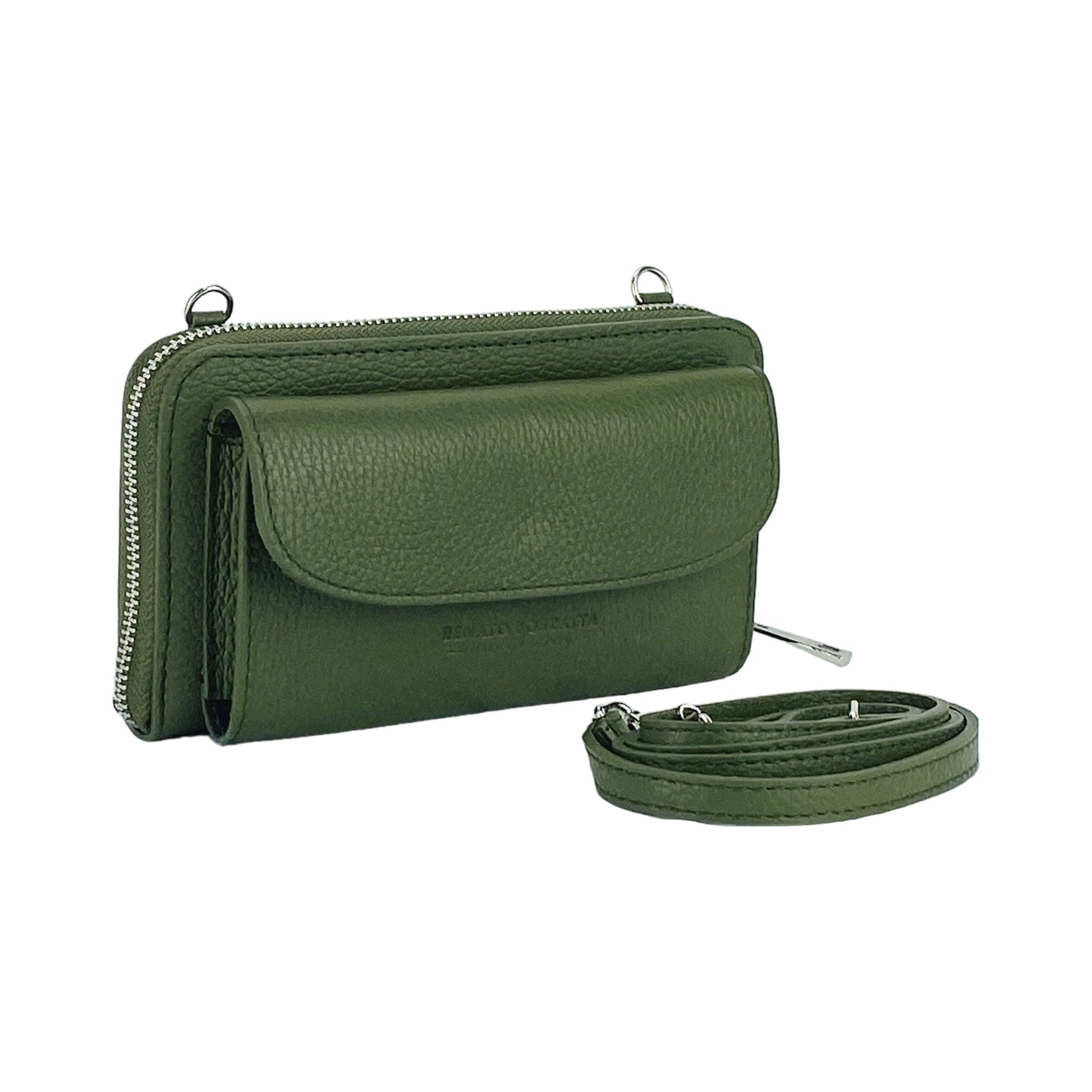 RB1020E | Women's Wallet with Cell Phone Holder in Genuine Leather Made in Italy with Removable Shoulder Strap. Attachments with Snap Hooks in Polished Nickel Metal. Green Color. Dimensions: cm 19.5 x 11 x 5-1