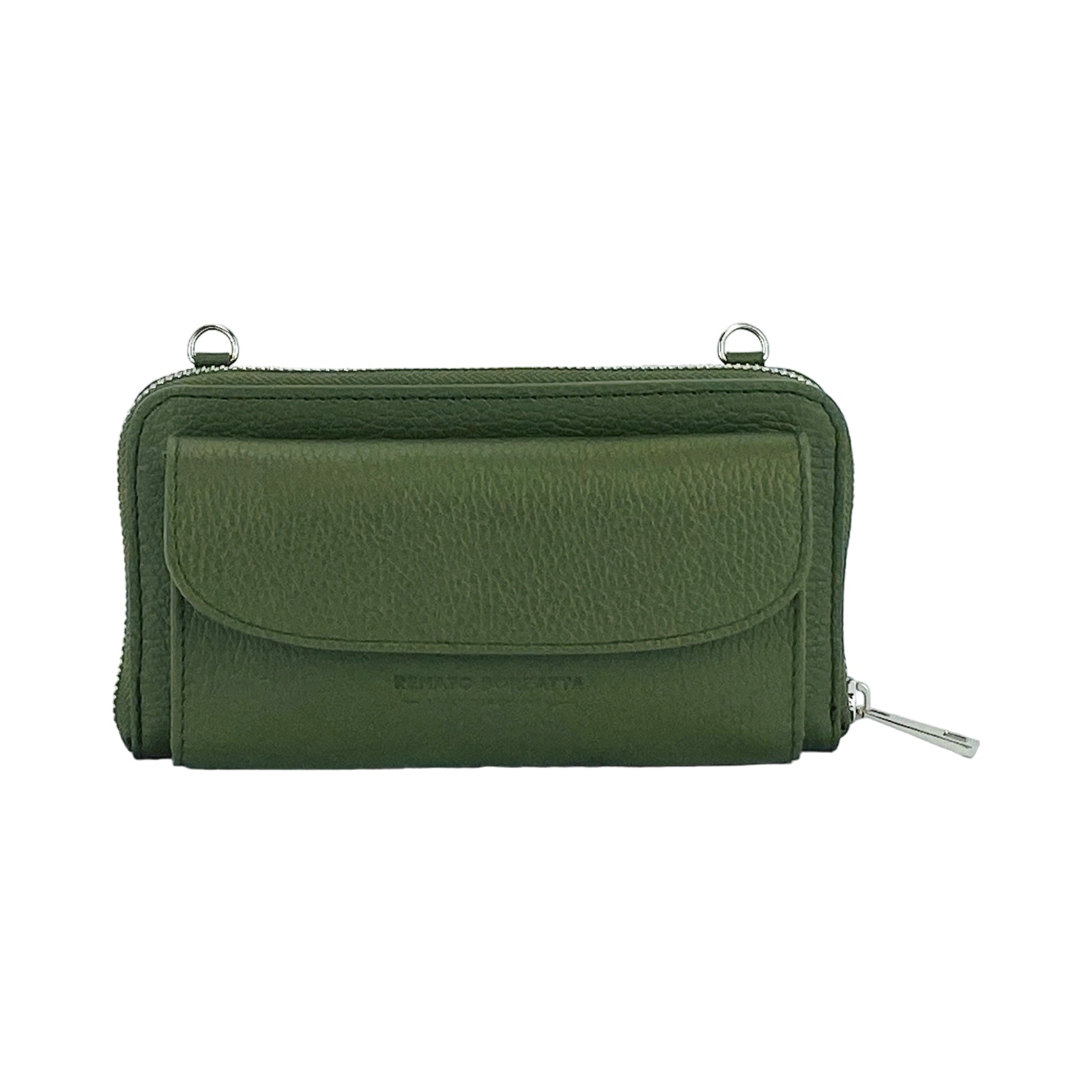RB1020E | Women's Wallet with Cell Phone Holder in Genuine Leather Made in Italy with Removable Shoulder Strap. Attachments with Snap Hooks in Polished Nickel Metal. Green Color. Dimensions: cm 19.5 x 11 x 5-2