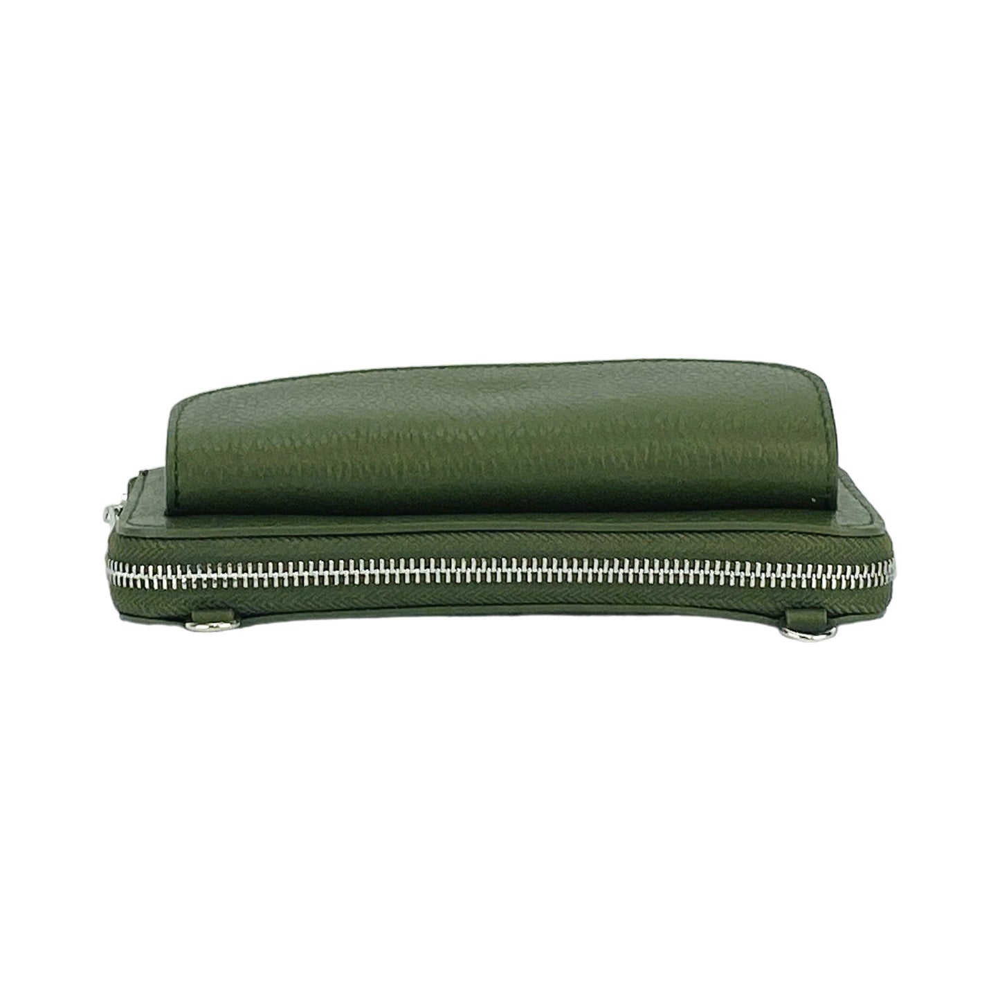 RB1020E | Women's Wallet with Cell Phone Holder in Genuine Leather Made in Italy with Removable Shoulder Strap. Attachments with Snap Hooks in Polished Nickel Metal. Green Color. Dimensions: cm 19.5 x 11 x 5-3
