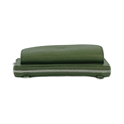 RB1020E | Women's Wallet with Cell Phone Holder in Genuine Leather Made in Italy with Removable Shoulder Strap. Attachments with Snap Hooks in Polished Nickel Metal. Green Color. Dimensions: cm 19.5 x 11 x 5-3