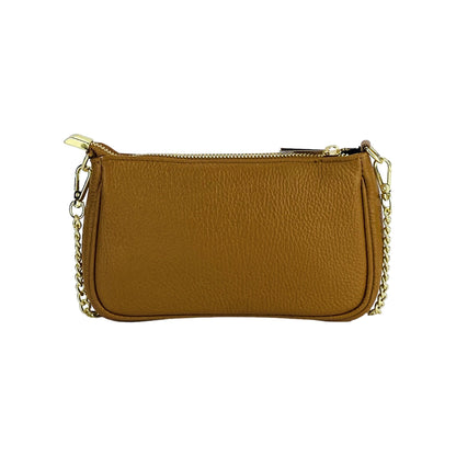 RB1022S | Borsa Piccola in Vera Pelle Made in Italy con Tracolla a catena removibile. Chiusura con lampo e Accessori in metallo Oro Lucido - Colore Cognac - Dimensioni: cm 20 x 12 x 6-4