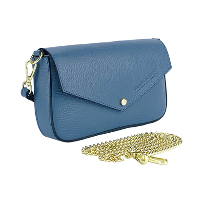 RB1023P | Borsa piccola a Spalla con Tracolla a catena removibile in Vera Pelle Made in Italy. Pattina di Chiusura. Accessori in metallo Oro Lucido - Colore Avio - Dimensioni: cm 22 x 12 x 3-2