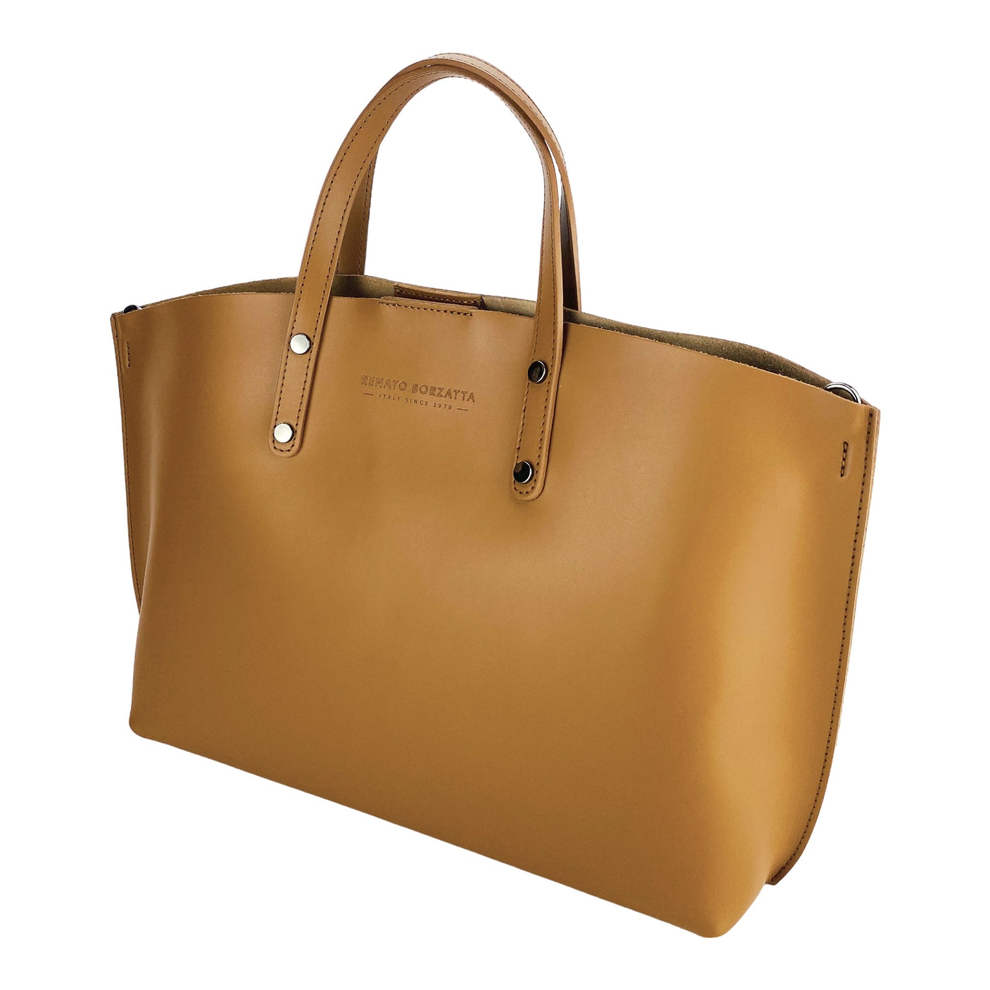 RB1024S | Women's handbag in genuine leather Made in Italy with removable shoulder strap. Large internal removable bag. Accessories Polished Gunmetal - Cognac color - Dimensions: 48x31x11 cm-2