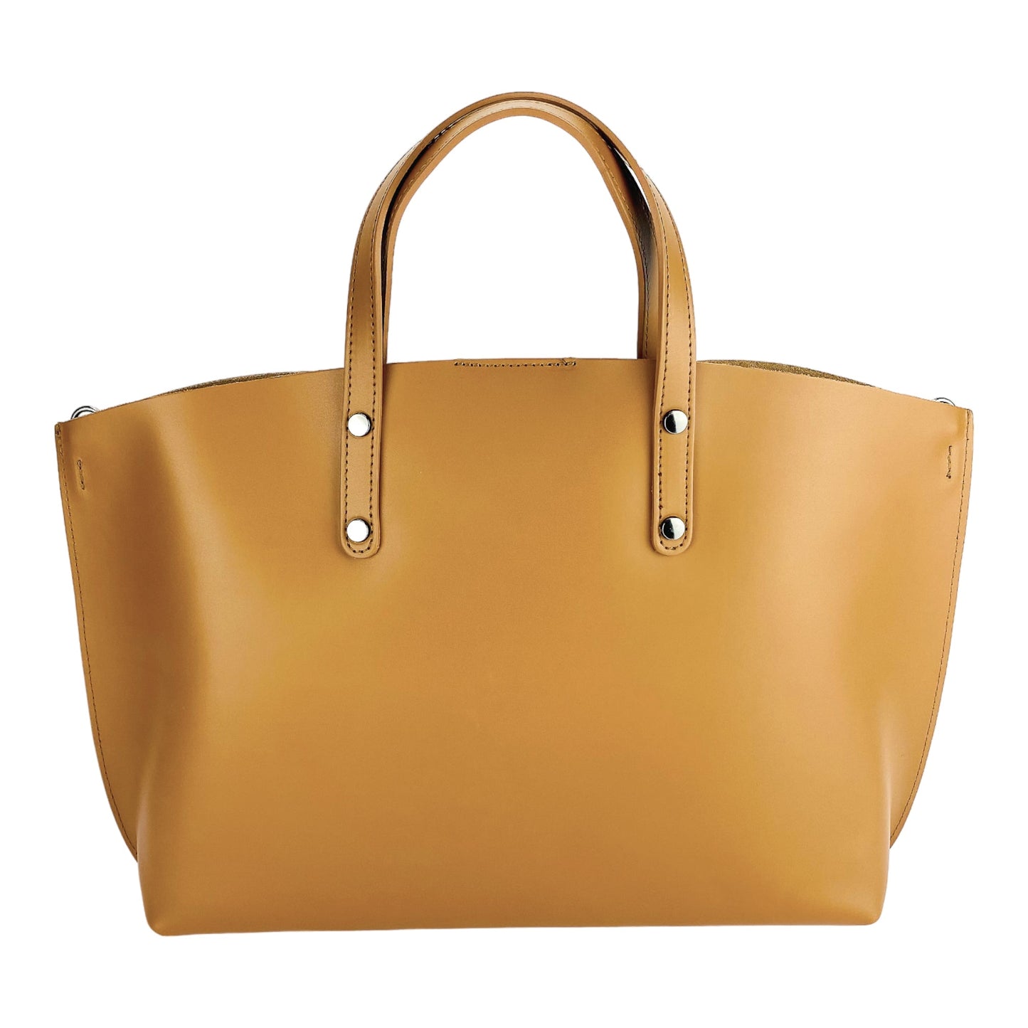 RB1024S | Women's handbag in genuine leather Made in Italy with removable shoulder strap. Large internal removable bag. Accessories Polished Gunmetal - Cognac color - Dimensions: 48x31x11 cm-4