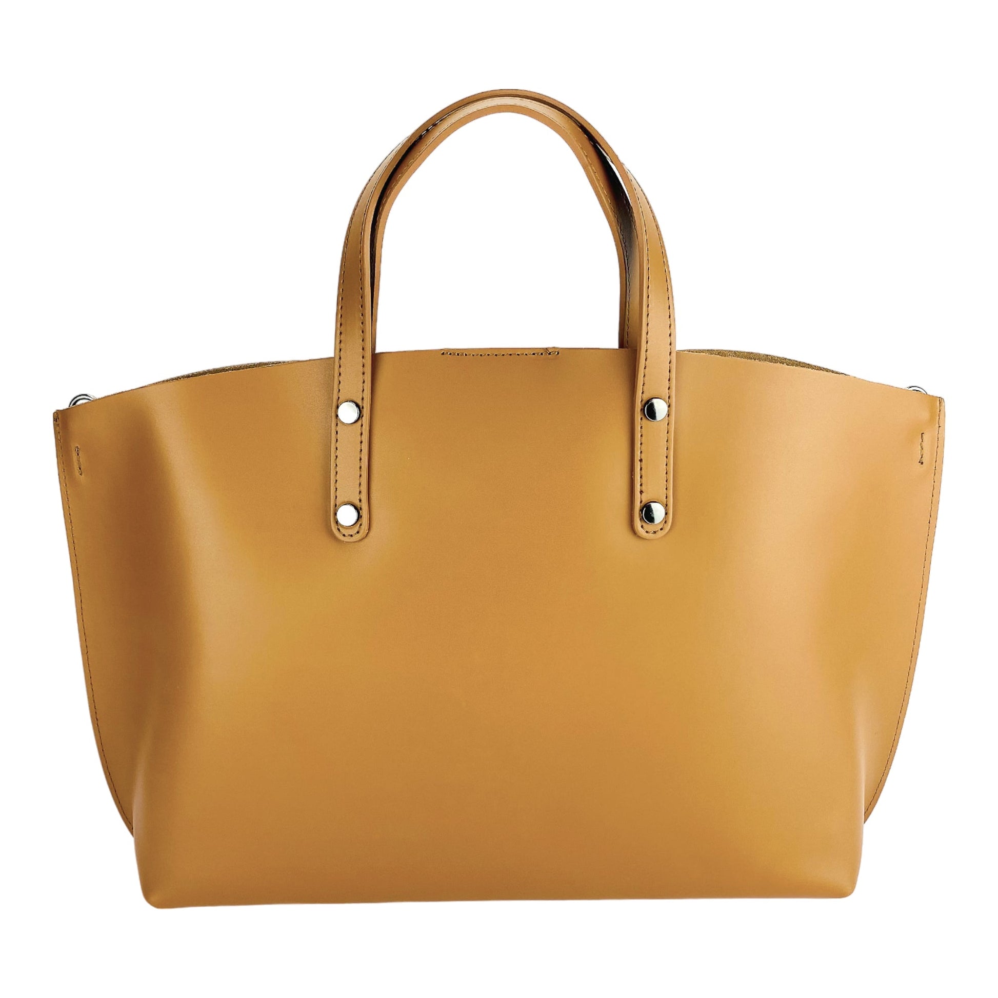 RB1024S | Women's handbag in genuine leather Made in Italy with removable shoulder strap. Large internal removable bag. Accessories Polished Gunmetal - Cognac color - Dimensions: 48x31x11 cm-4