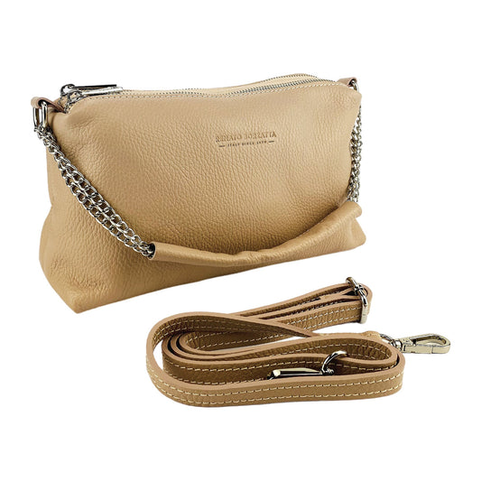 RB1025AU | Women's Handbag with double zip in genuine leather Made in Italy. Adjustable leather shoulder strap. Polished Nickel Accessories - Powder Color - Dimensions: cm 26 x 14 x 9-0