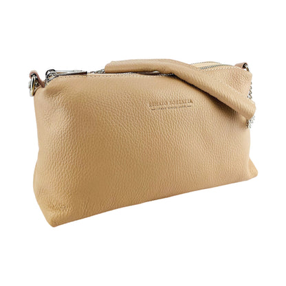 RB1025AU | Women's Handbag with double zip in genuine leather Made in Italy. Adjustable leather shoulder strap. Polished Nickel Accessories - Powder Color - Dimensions: cm 26 x 14 x 9-1