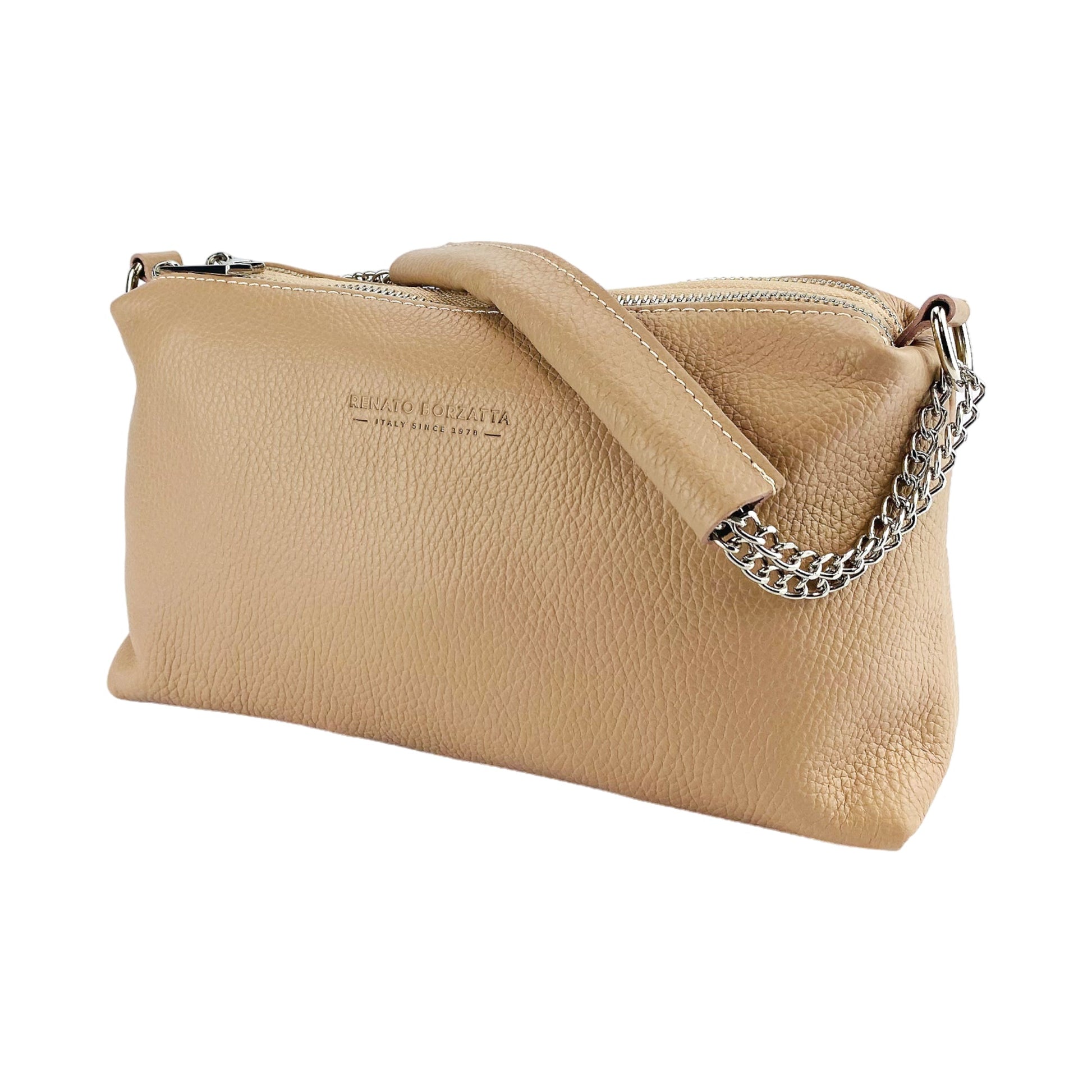 RB1025AU | Women's Handbag with double zip in genuine leather Made in Italy. Adjustable leather shoulder strap. Polished Nickel Accessories - Powder Color - Dimensions: cm 26 x 14 x 9-2