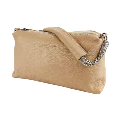 RB1025AU | Women's Handbag with double zip in genuine leather Made in Italy. Adjustable leather shoulder strap. Polished Nickel Accessories - Powder Color - Dimensions: cm 26 x 14 x 9-2