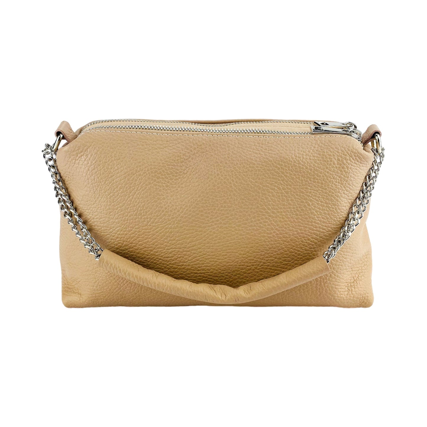 RB1025AU | Women's Handbag with double zip in genuine leather Made in Italy. Adjustable leather shoulder strap. Polished Nickel Accessories - Powder Color - Dimensions: cm 26 x 14 x 9-4