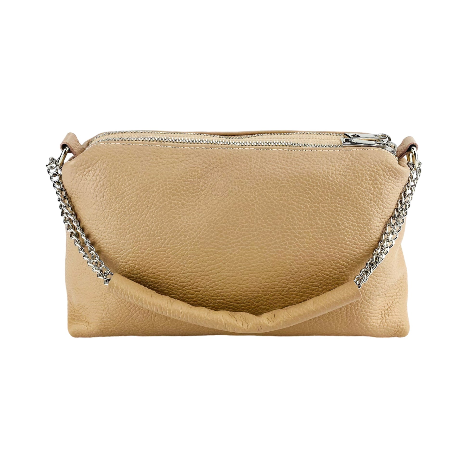 RB1025AU | Women's Handbag with double zip in genuine leather Made in Italy. Adjustable leather shoulder strap. Polished Nickel Accessories - Powder Color - Dimensions: cm 26 x 14 x 9-4