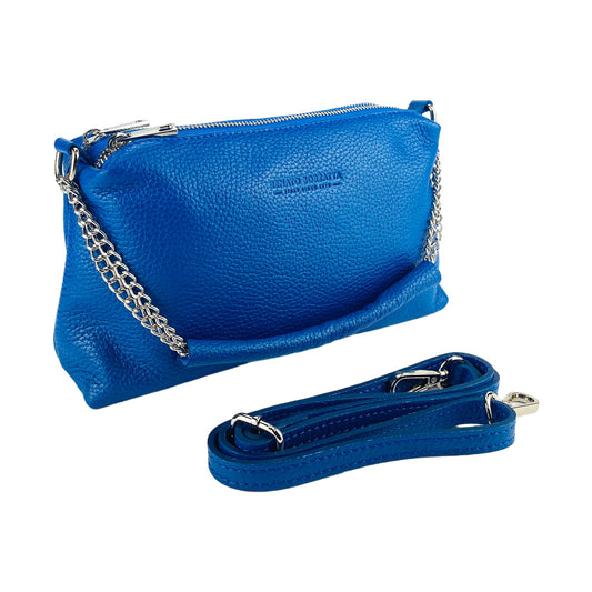 RB1025CH | Women's Handbag with double zip in Genuine Leather Made in Italy. Adjustable leather shoulder strap. Polished Nickel Accessories - Royal Blue Color - Dimensions: cm 26 x 14 x 9-0