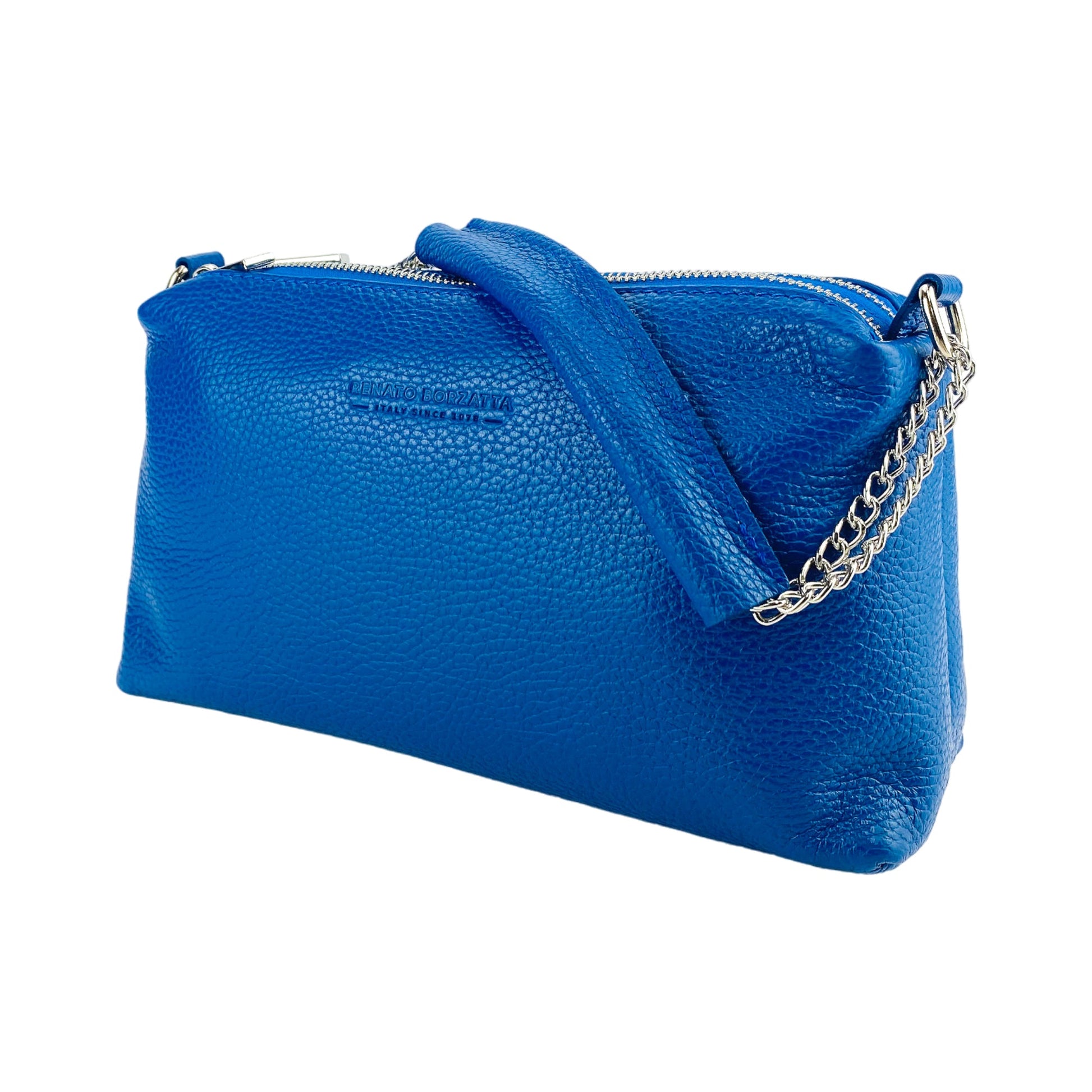 RB1025CH | Women's Handbag with double zip in Genuine Leather Made in Italy. Adjustable leather shoulder strap. Polished Nickel Accessories - Royal Blue Color - Dimensions: cm 26 x 14 x 9-2