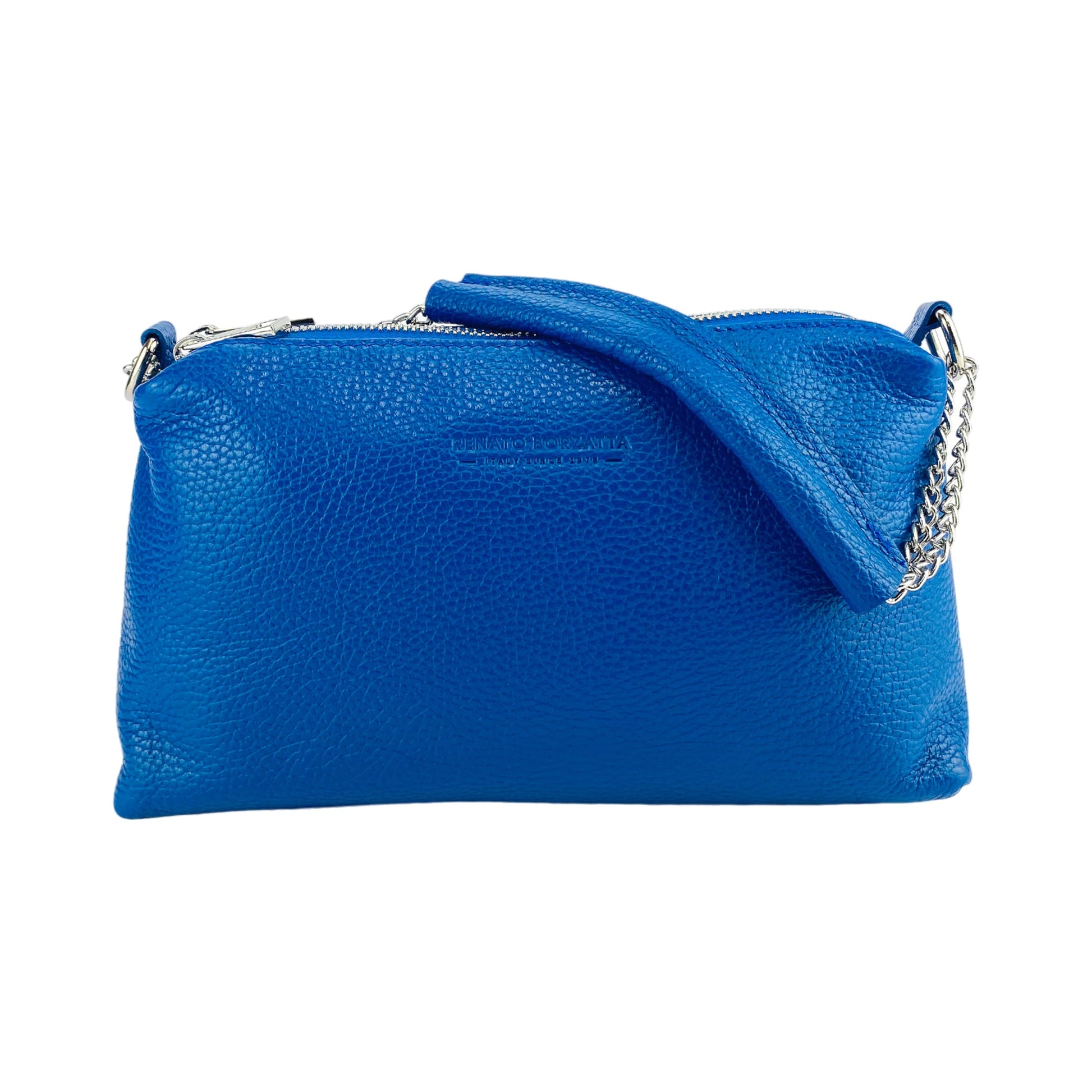 RB1025CH | Women's Handbag with double zip in Genuine Leather Made in Italy. Adjustable leather shoulder strap. Polished Nickel Accessories - Royal Blue Color - Dimensions: cm 26 x 14 x 9-3