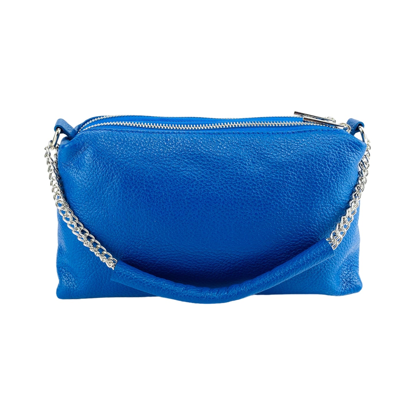 RB1025CH | Women's Handbag with double zip in Genuine Leather Made in Italy. Adjustable leather shoulder strap. Polished Nickel Accessories - Royal Blue Color - Dimensions: cm 26 x 14 x 9-4