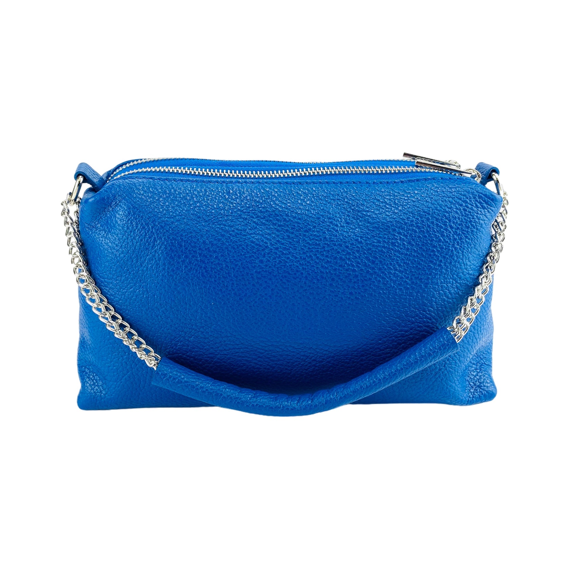 RB1025CH | Women's Handbag with double zip in Genuine Leather Made in Italy. Adjustable leather shoulder strap. Polished Nickel Accessories - Royal Blue Color - Dimensions: cm 26 x 14 x 9-4