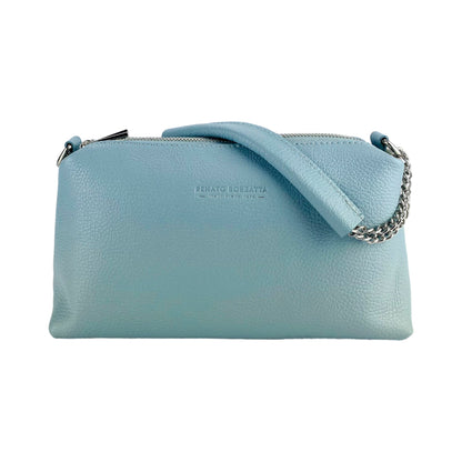 RB1025CL | Women's handbag with double zip in Genuine Leather Made in Italy. Adjustable leather shoulder strap. Polished Nickel Accessories - Light Blue Color - Dimensions: 26 x 14 x 9 cm-3