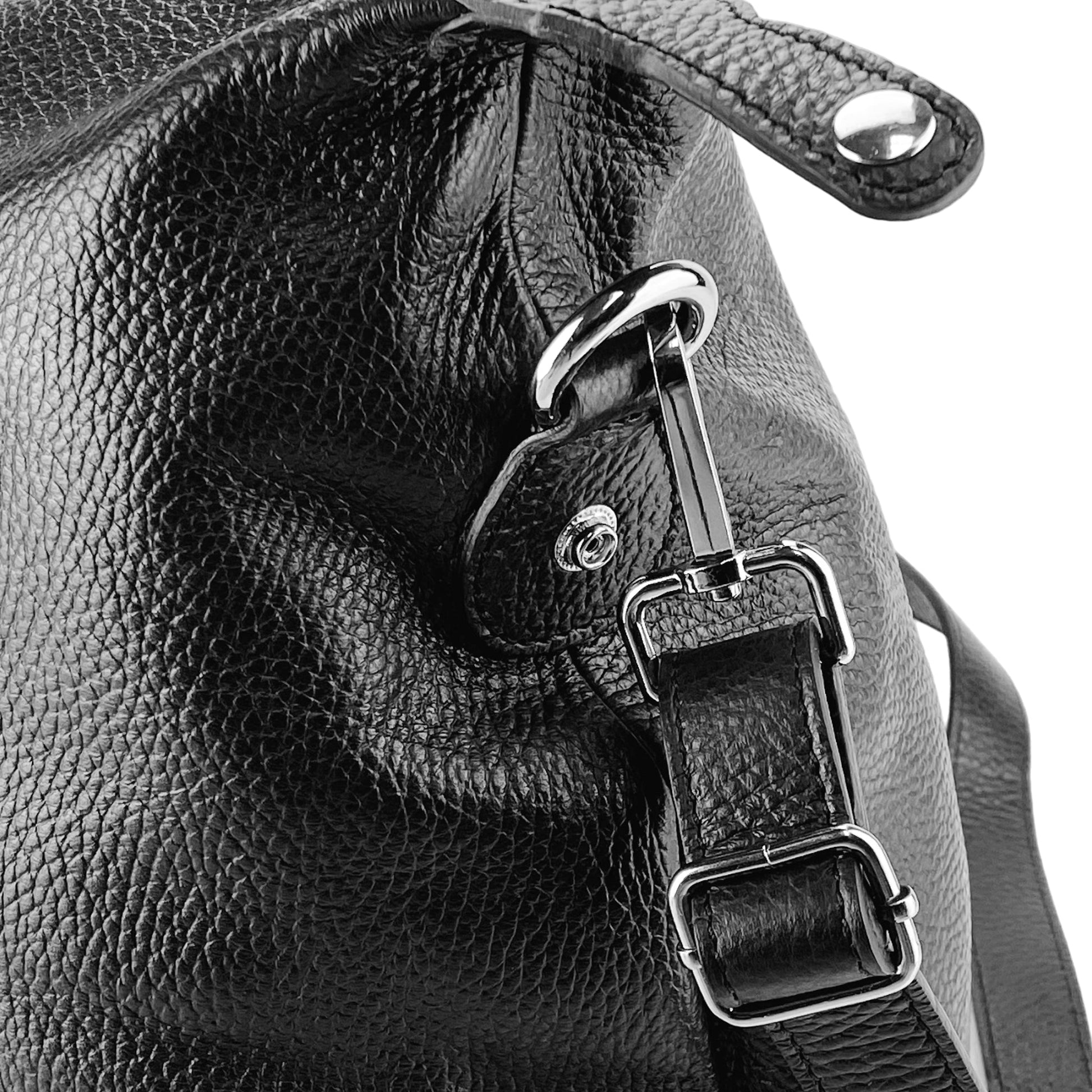 RB1029A | Genuine Leather Travel Bag Made in Italy with Adjustable and Removable Shoulder Strap. Zip Closure and Polished Nickel Metal Accessories - Black Color - Dimensions: cm 57 x 26 x 24-2