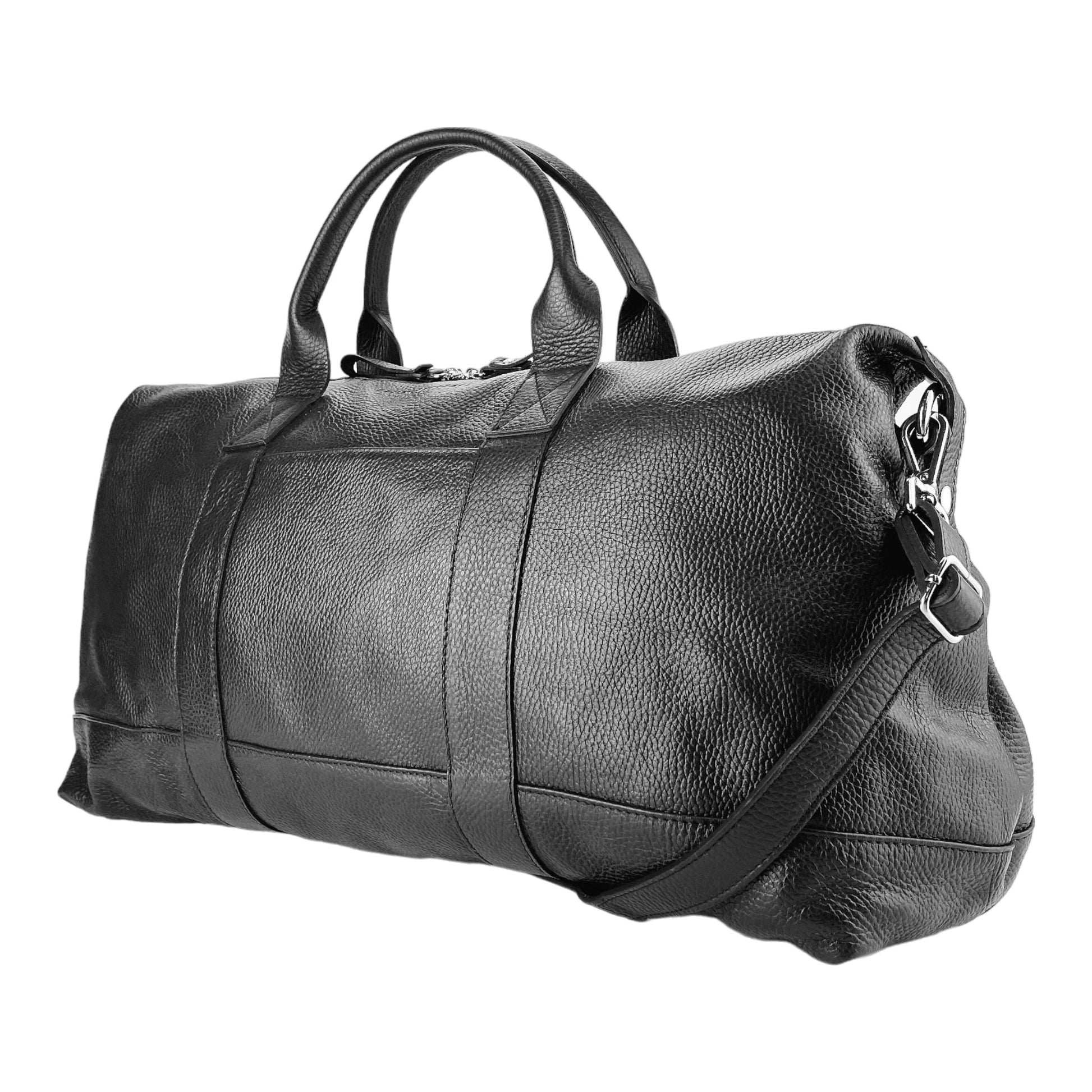 RB1029A | Genuine Leather Travel Bag Made in Italy with Adjustable and Removable Shoulder Strap. Zip Closure and Polished Nickel Metal Accessories - Black Color - Dimensions: cm 57 x 26 x 24-4