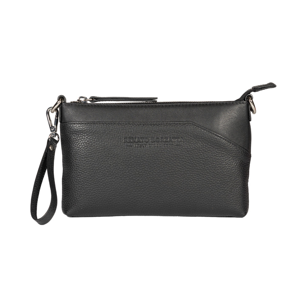 RB2003A | Shoulder/Wrist Bag in Genuine Full Grain Leather, Dollar Grain/Light. Removable Shoulder Strap and Handle. Color Black. Dimensions: 22 x 14 x 2.5 cm. Packaging: Non-Woven Fabric Bag-1