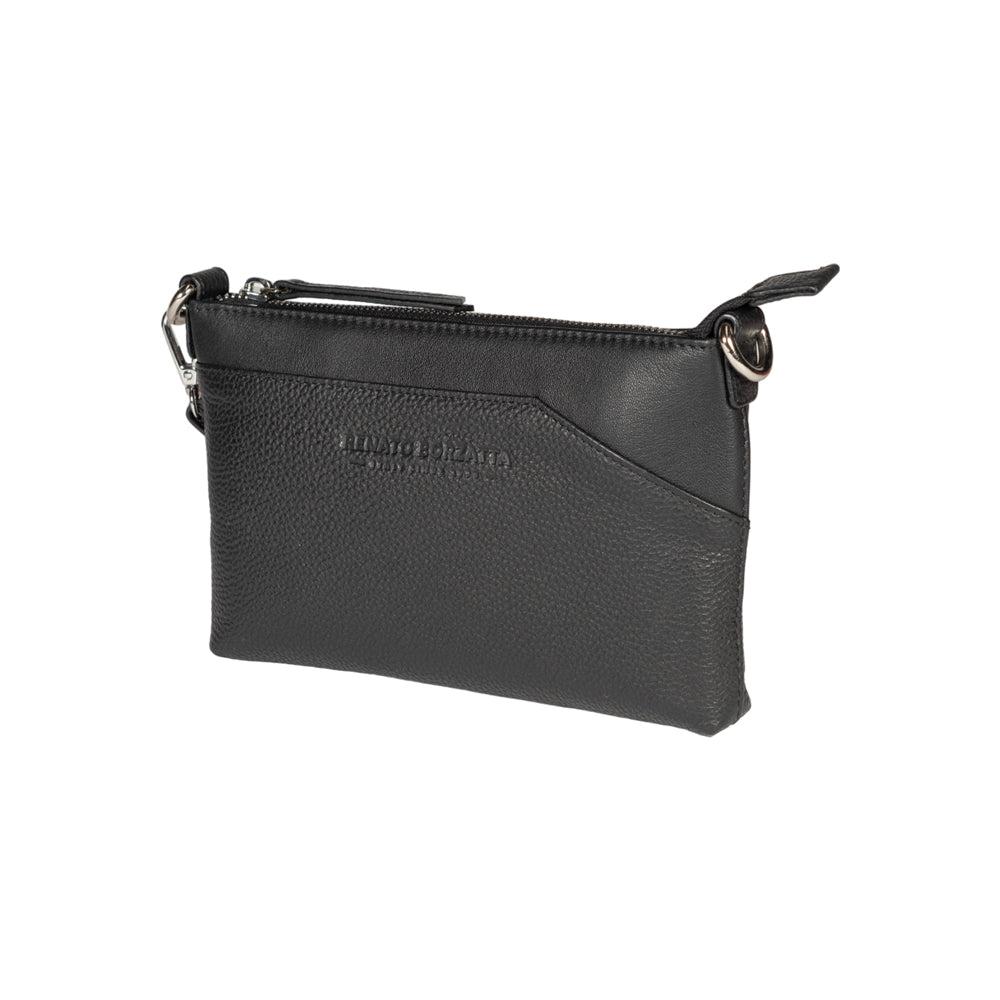 RB2003A | Shoulder/Wrist Bag in Genuine Full Grain Leather, Dollar Grain/Light. Removable Shoulder Strap and Handle. Color Black. Dimensions: 22 x 14 x 2.5 cm. Packaging: Non-Woven Fabric Bag-2